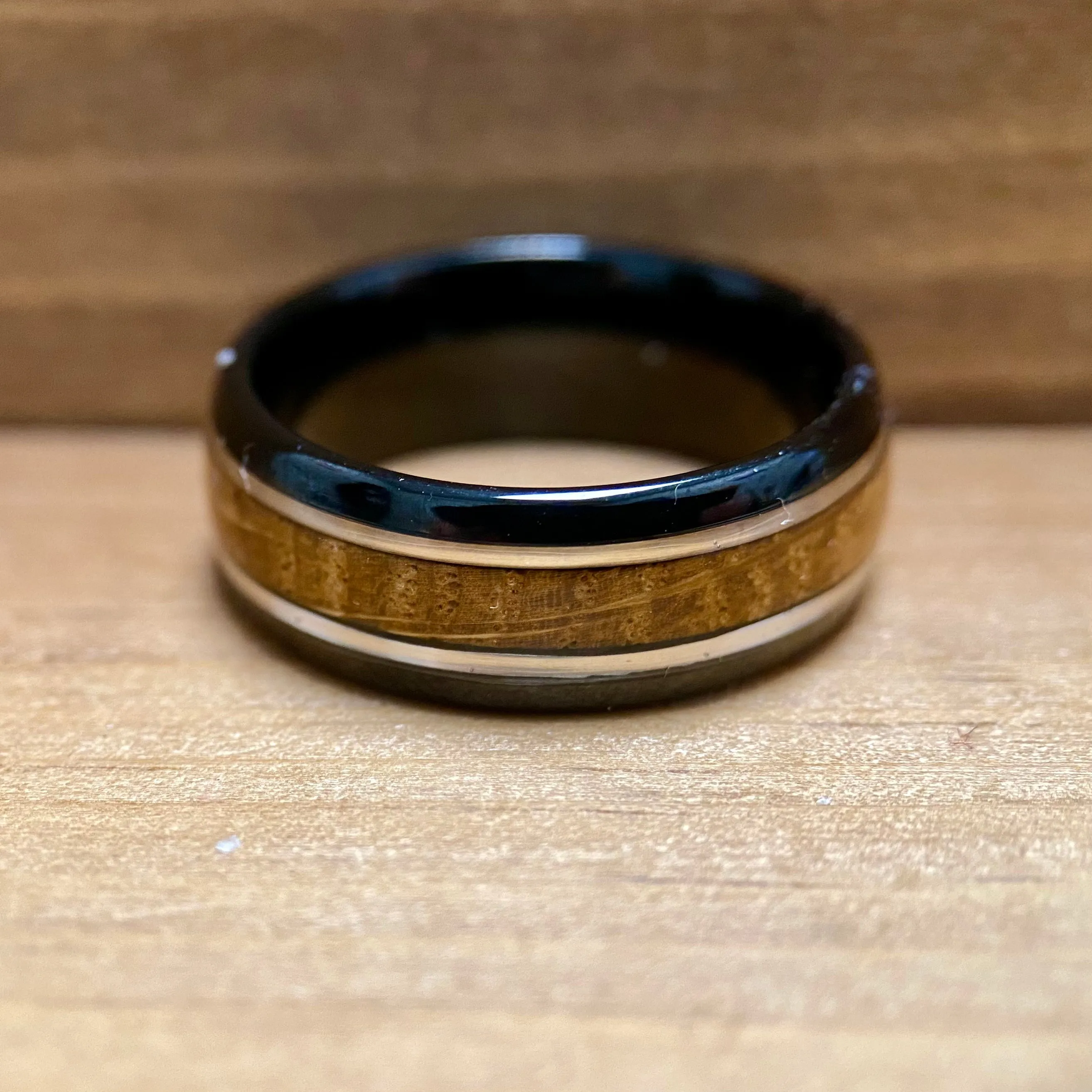 “The Ranger” Black Tungsten With Reclaimed Bourbon Barrel Ring™ With Real Sterling Silver Inlay