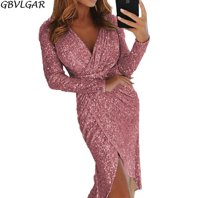 V Neck Bodycon Glitter Dress