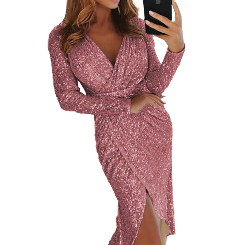 V Neck Bodycon Glitter Dress