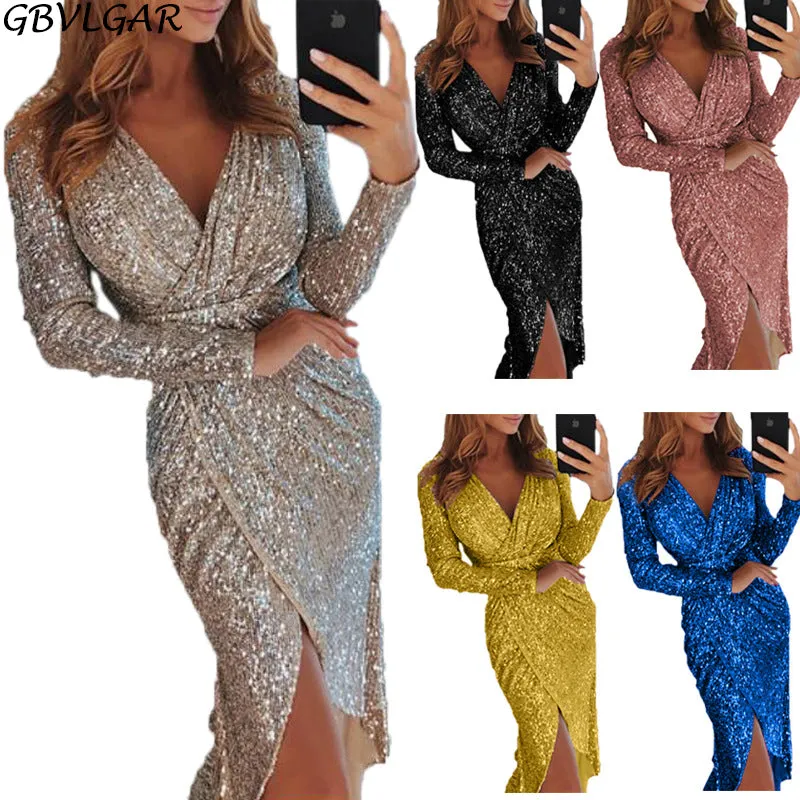 V Neck Bodycon Glitter Dress