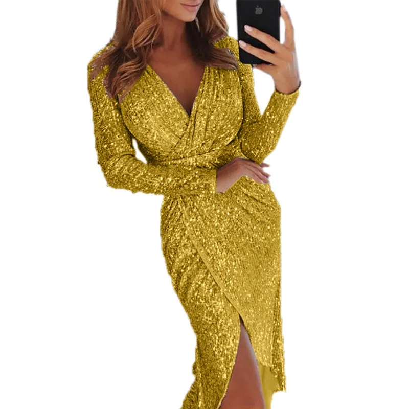 V Neck Bodycon Glitter Dress