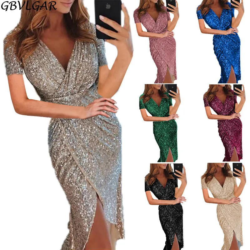 V Neck Bodycon Glitter Dress