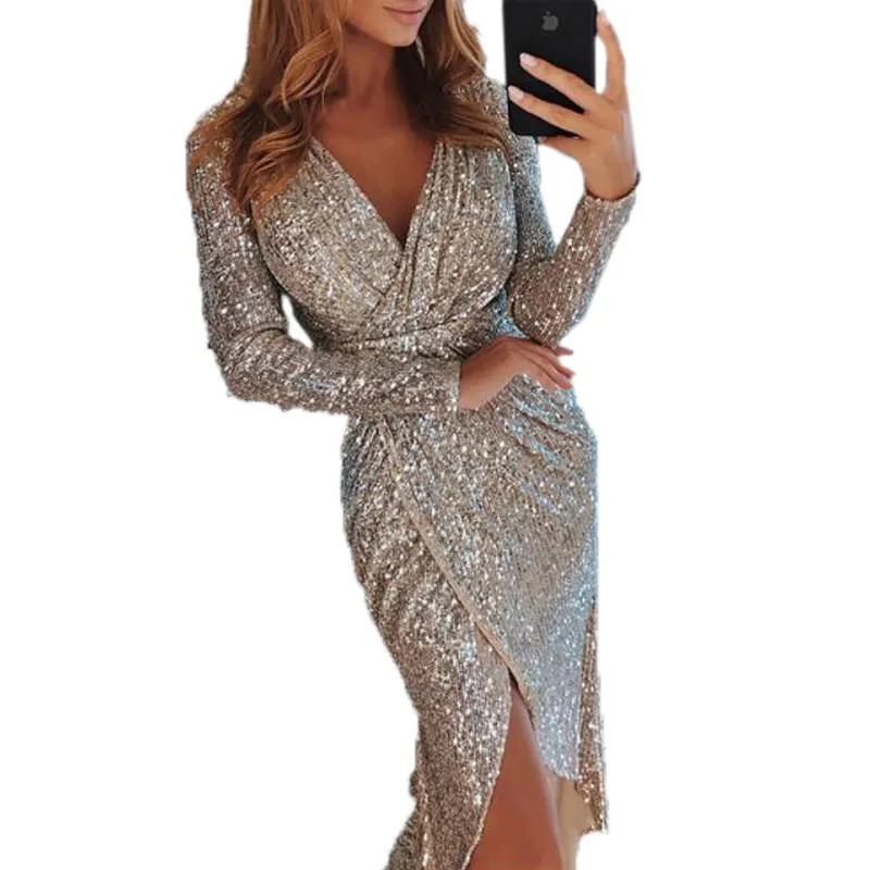 V Neck Bodycon Glitter Dress