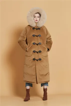 Velvet Hooded Fur Tickened Down Puffer Toggle Long Coat