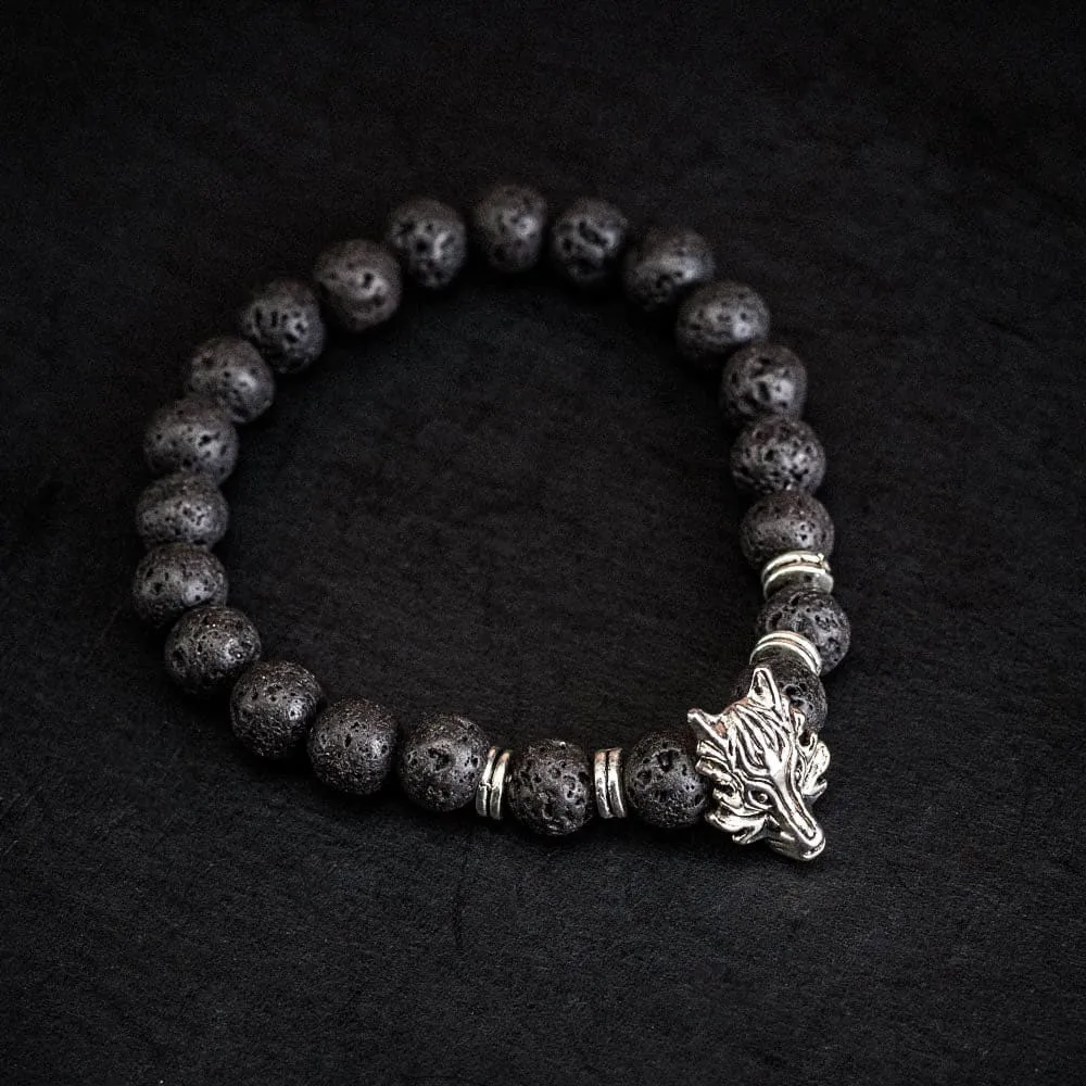 Wolf Head and Lava Stone Bracelet