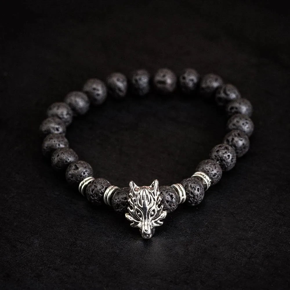 Wolf Head and Lava Stone Bracelet