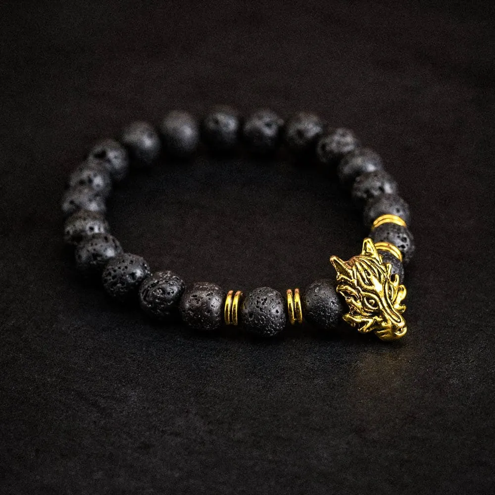 Wolf Head and Lava Stone Bracelet