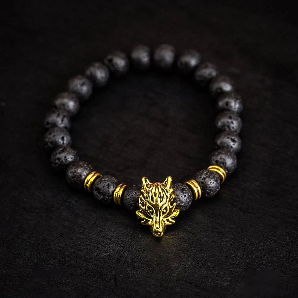 Wolf Head and Lava Stone Bracelet