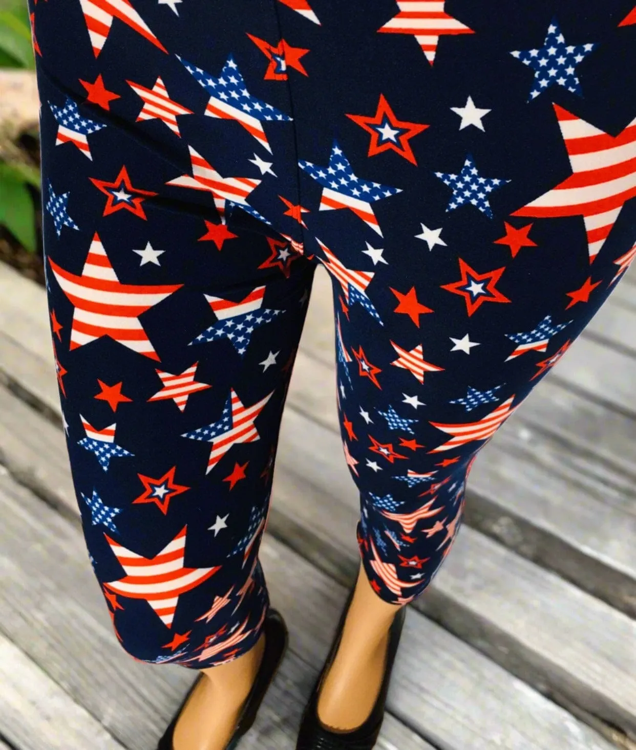 Womens American Flag Star Leggings, Patriotic 4th of July Pants, Sizes 0-18, No-Roll Waist, Red/White/Blue