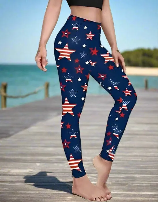 Womens American Flag Star Leggings, Patriotic 4th of July Pants, Sizes 0-18, No-Roll Waist, Red/White/Blue