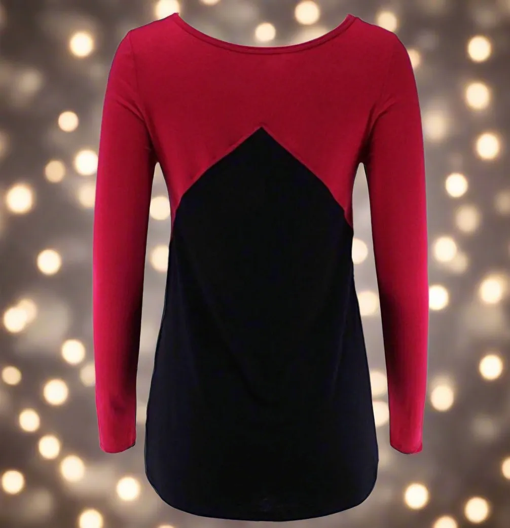 Womens Red Black Color Block Top | Lace Trim High Low Top | Long Sleeve Shirt