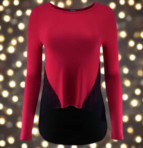 Womens Red Black Color Block Top | Lace Trim High Low Top | Long Sleeve Shirt