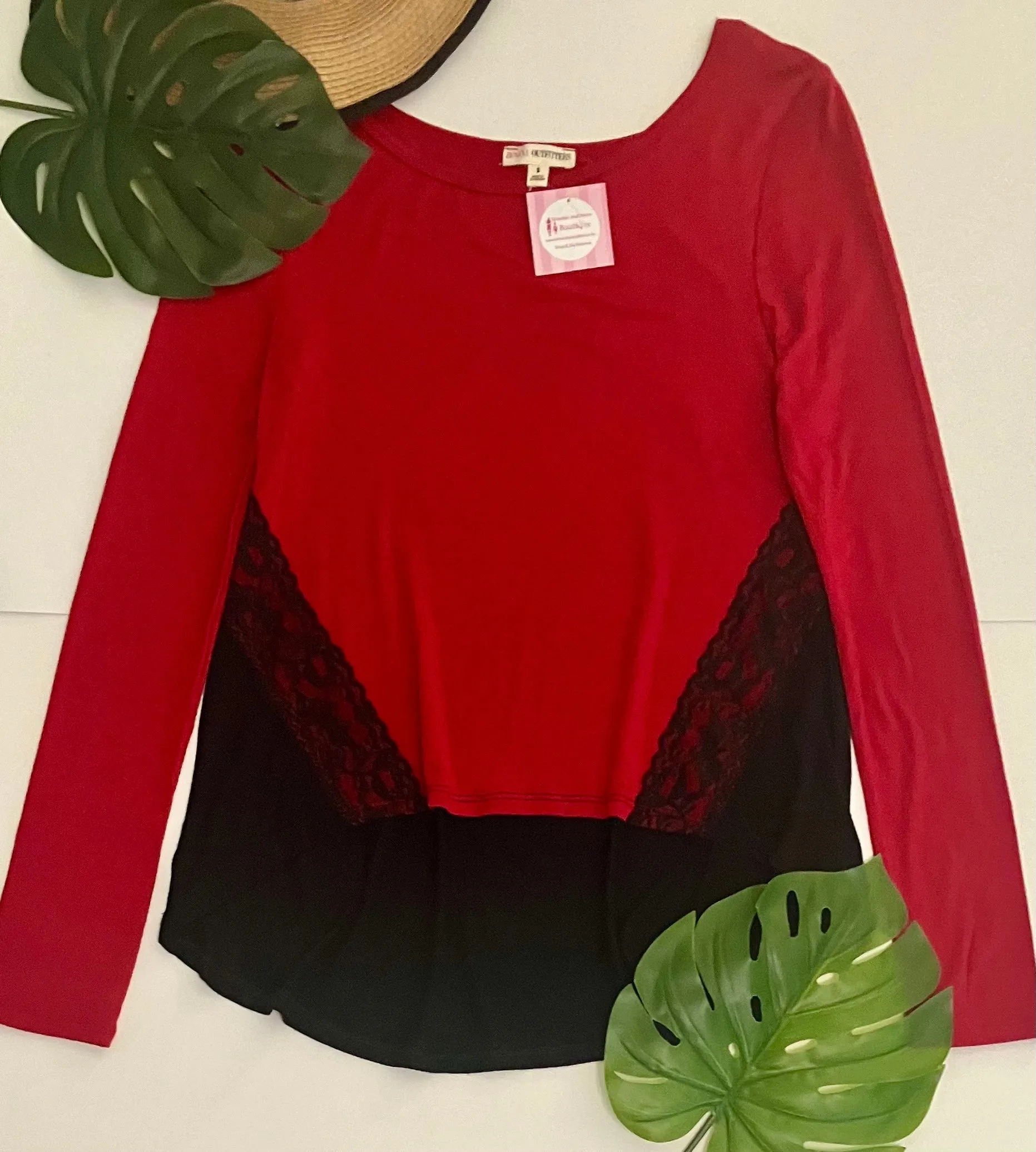 Womens Red Black Color Block Top | Lace Trim High Low Top | Long Sleeve Shirt