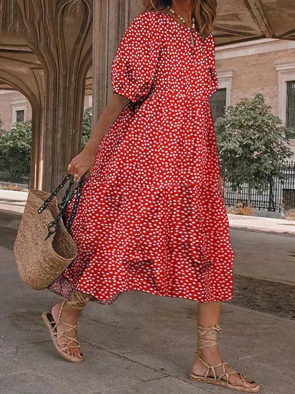 Women's Versatile Midi Swing Dress with Long Sleeves and Floral Ruffle Design